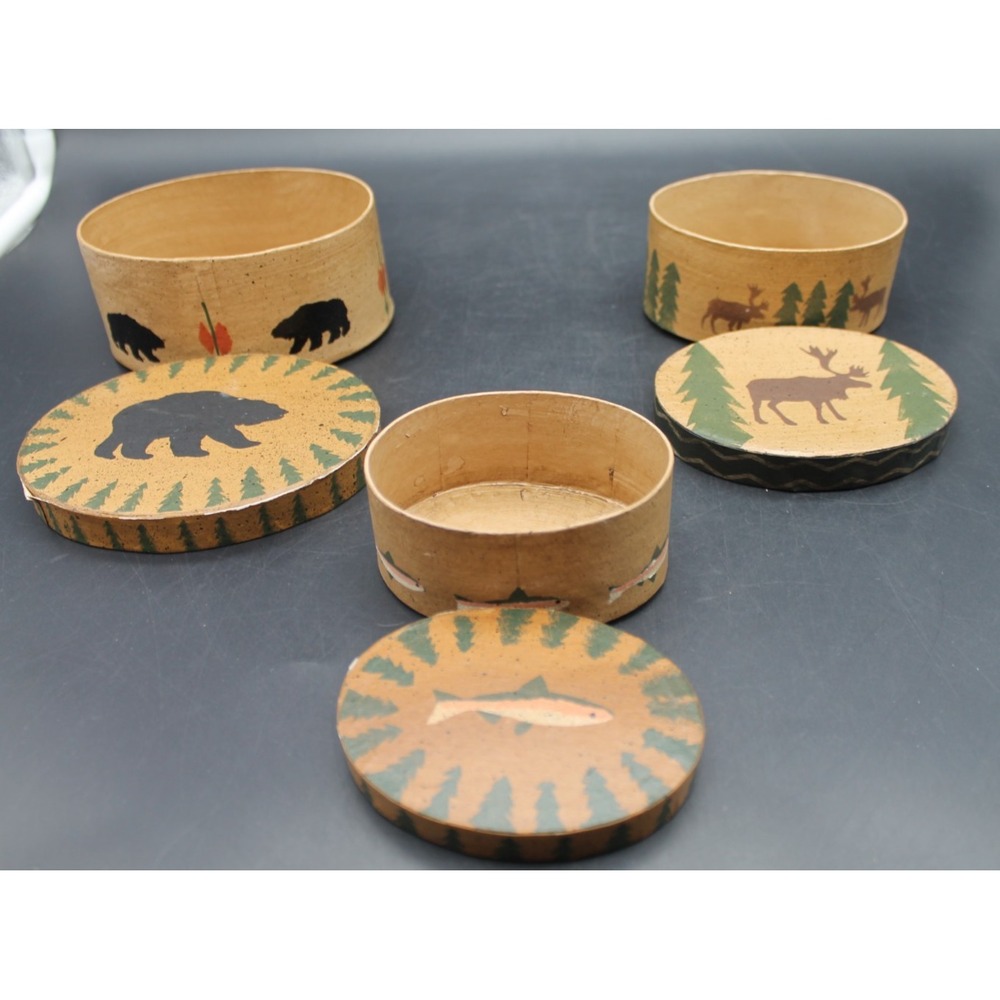 Set of 3 Rustic Woodland Bentwood Trinket Boxes Bear Moose Fish Round Lidded